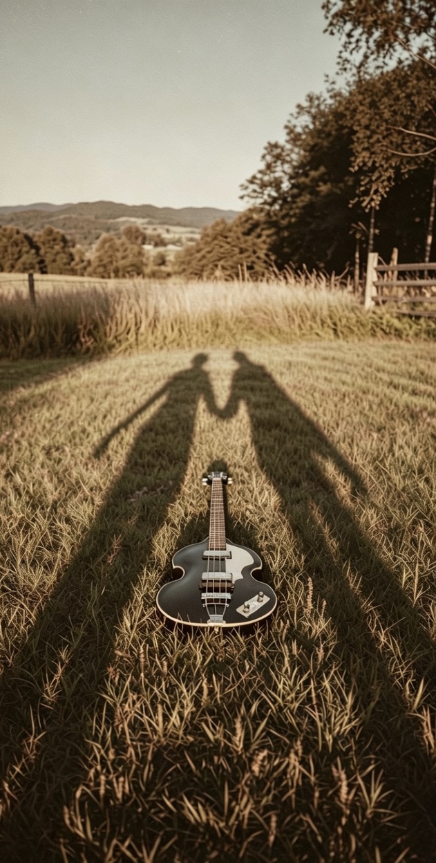 A bass guitar in a sunlit meadow beneath two long shadows